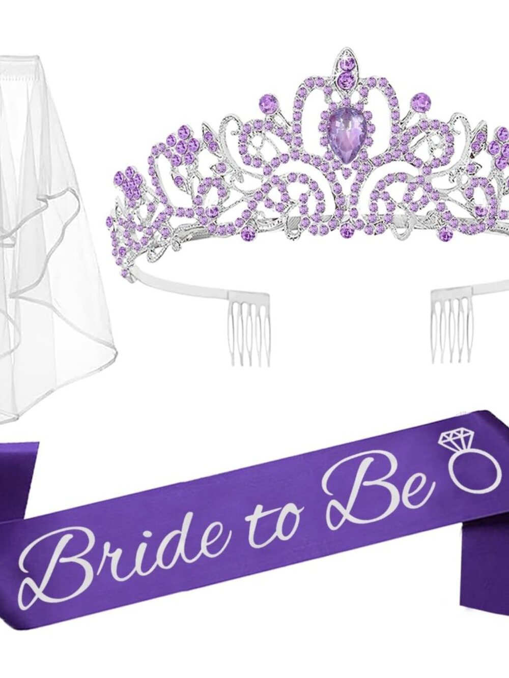 3 Pcs Bachelorette Party Decorations Bridal Shower Crown, Bride to Be Sash&Veil